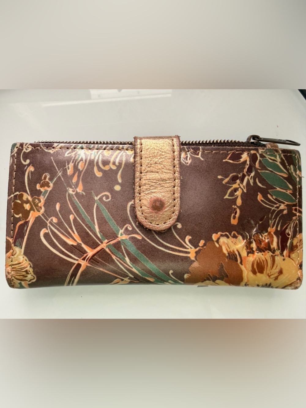 Patricia Nash Brown Floral Leather Wallet with Gold Accents